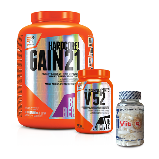 Extrifit Hardcore 21 + FEN Vit D + Extrifit V52 Rinkinys masės auginimui su vitaminų kompleksais.